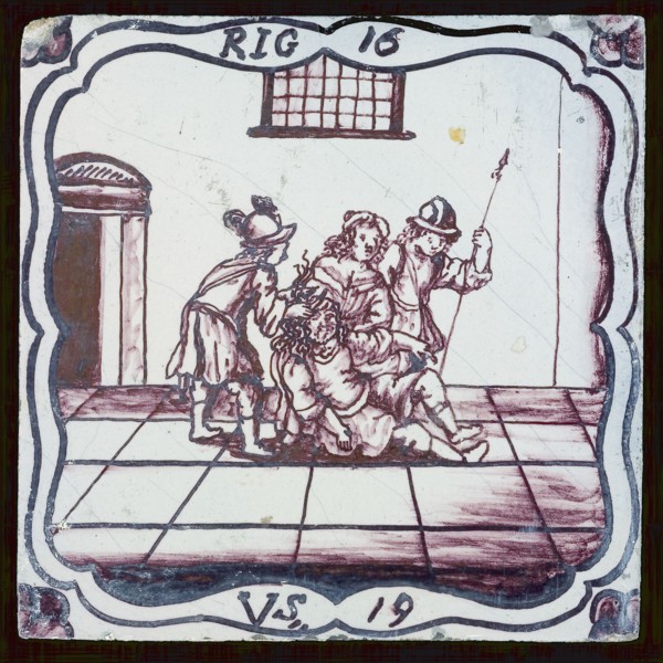 Scene tile, Samson and Delila, wall tile tile sculpture ceramic earthenware glaze, baked 2x glazed painted Square yellow shard