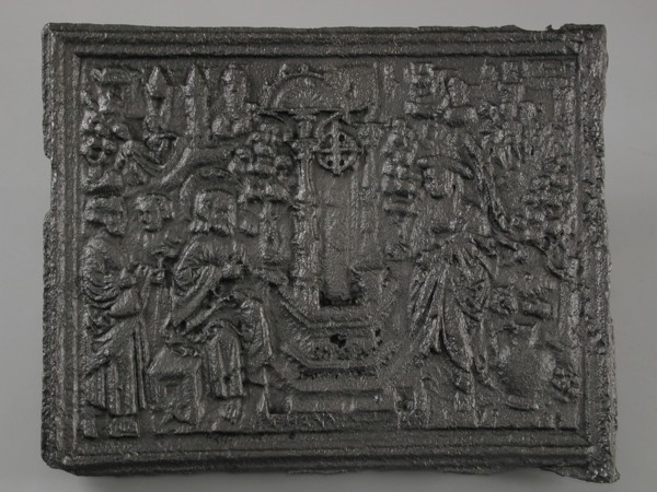 Fireback with biblical representation Jesus with Samaritan woman at the well, hob plate cast iron, cast Rectangular horizontal