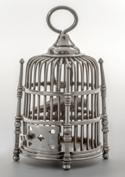 Silversmith: Arnoldus van Geffen, Silver miniature bird cage with bird, birdcage holder dolls toys recreation miniature model