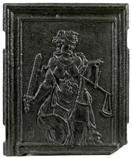 Fireback with Lady Justice, hob plate cast iron, cast Rectangular hob with depiction of Lady Justice holding the scale