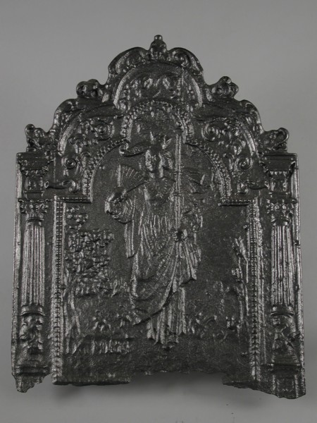 Fireback crowned woman with parasol and fan, trees and animals, year DCM ..., fire place iron, cast Rectangular base top
