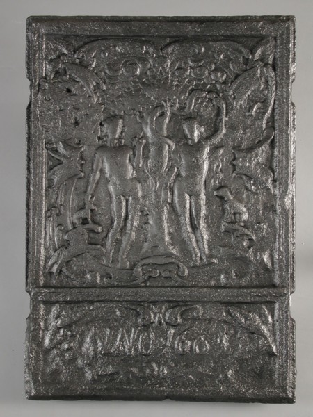 Fireback Adam and Eve in paradise, the Fall, date 1665, hob plate cast iron, cast Rectangular with two notches on each side
