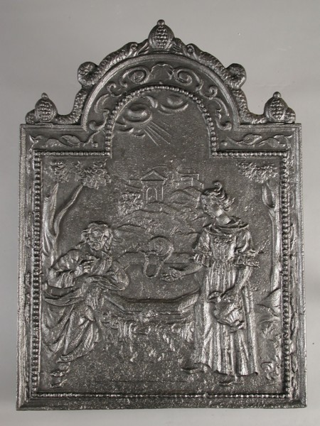 Fireplace biblical representation Jesus with Samaritan woman at the well, hob plate cast iron, cast Rectangular bow at the top