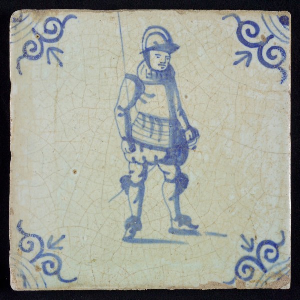 White tile with blue warrior; corner pattern ox head, wall tile tile sculpture ceramic earthenware glaze, baked 2x glazed
