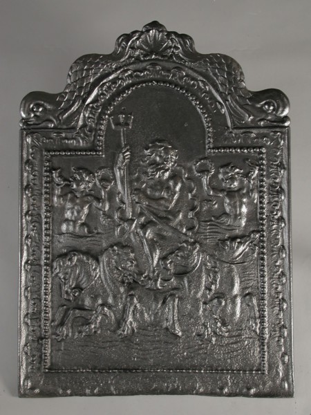 Fireback Neptune on three-horse mare, hob plate cast iron, cast Rectangular with arch at the top. On top of shell