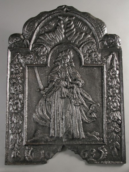 Fireback Lady Justice, Justice, year 1663, fire place, cast Rectangular with arch at the top where dolphins Wide edge