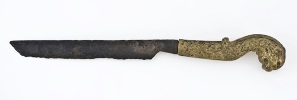 Table knife with iron blade and brass curved ornamented handle with dolphin head, knife cutlery soil find brass iron metal
