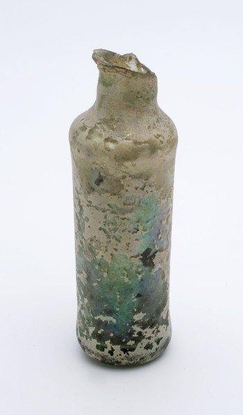 Medicine Bottle, medicine bottle bottle holder soil find glass, free blown and shaped Small (medicine?) Bottle in clear light