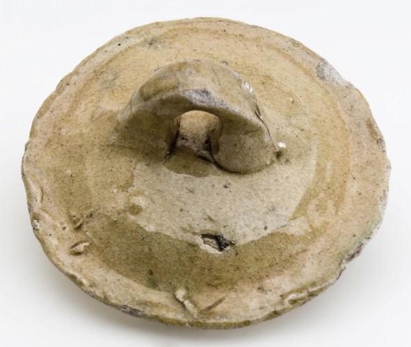 Earthenware lid, yellow glazed with horizontally placed ear, lid closure component earth discovery ceramics earthenware glaze