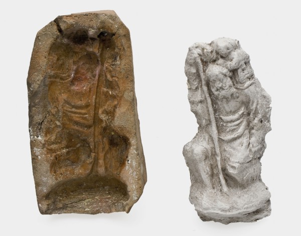 Pottery mold for pipe decoration Holy Christoffel and plaster cast, mold tools equipment earth discovery ceramics pottery, hand