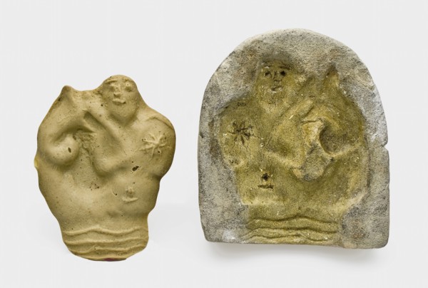 Pottery mold for pipe image, representing Neptune or mermaid and latex casting, mold tools equipment earth finding ceramics