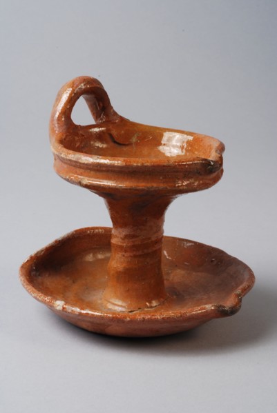 Earthenware oil lamp with lower and upper shell, column and suspension, oil lamp lamp illuminant soil find ceramic earthenware