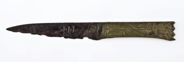 Steel knife with machined copper handle, on which JHESUS and MARIA, knife cutlery soil find iron steel bronze metal, forged