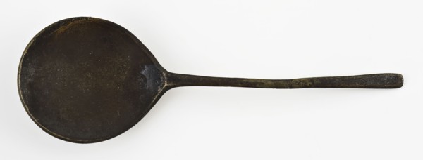 Pewter spoon with flattened handle and drip-shaped container with brand, spoon cutlery soil find copper silver metal