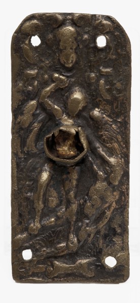 Rectangular copper fittings with four mounting holes, embossed biblical representation, ornament batter ground find copper brass