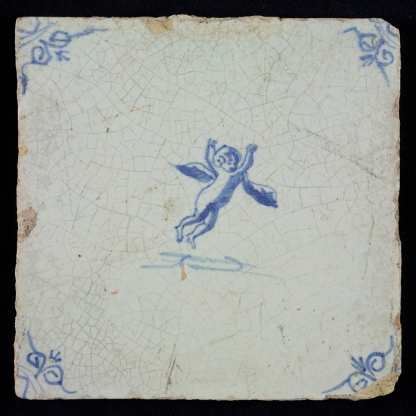 White tile with blue cupid; corner pattern ox head, wall tile tile sculpture ceramic earthenware glaze, baked 2x glazed painted