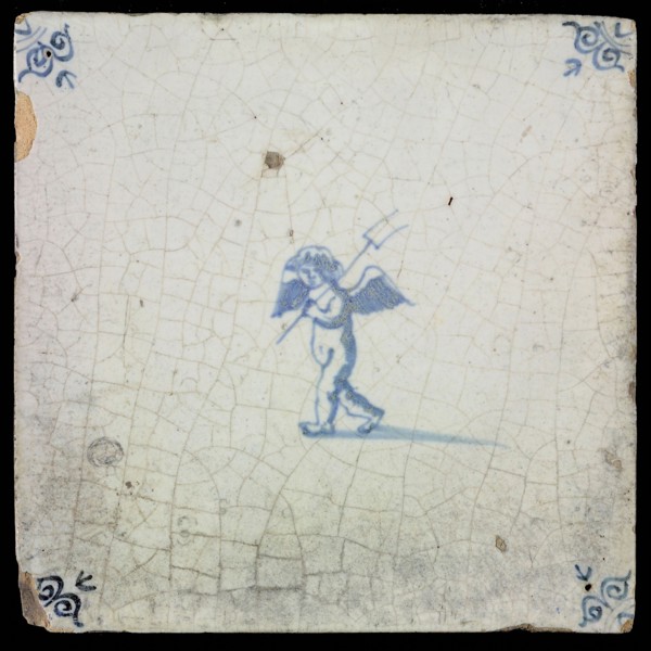 White tile with blue putto; corner pattern ox head, wall tile tile sculpture ceramic earthenware glaze, baked 2x glazed painted