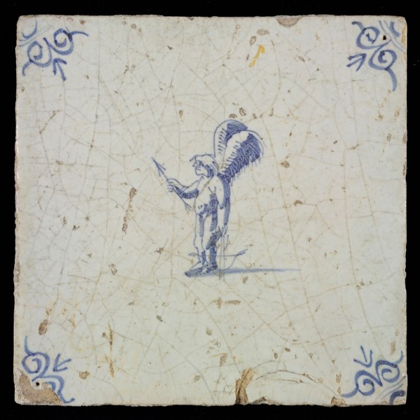 White tile with blue cupid with bow and arrow; corner pattern ox head, wall tile tile sculpture ceramic earthenware glaze, baked