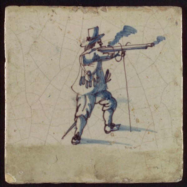 Tile, blue and purple on white, shooting musketeer, wall tile tile sculpture ceramic earthenware glaze, baked 2x glazed painted