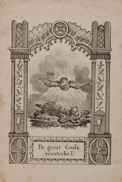 Prayer for Adrianus van de Ven, with black and white image of the Holy Spirit and the Lamb of God on the front, prayer print