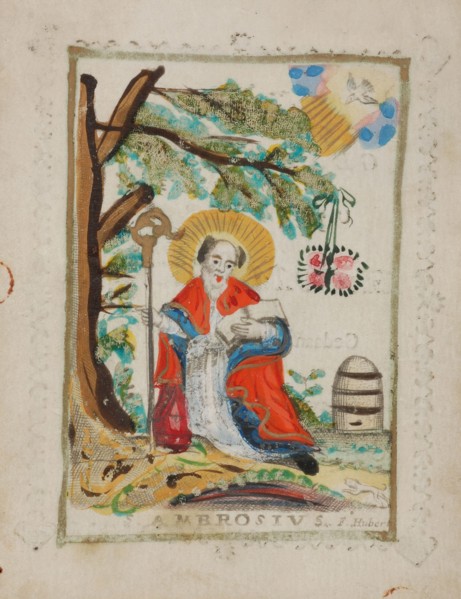 F. Hubert, Communion print with image of St. Ambrosius on the front, communion print engraving picture material parchment paint