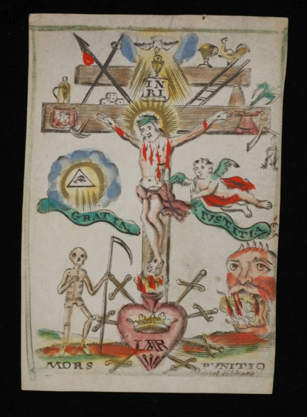 Engraver: Michiel Cabbaey, Print with crucified Christ, surrounded by symbols of Christian virtues and concepts, church print