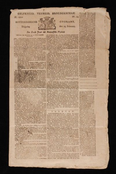 Reinier Arrenberg, Rotterdamsche Courant, No. 24, Tuesday, February 25, 1800, newspaper information form paper, printed