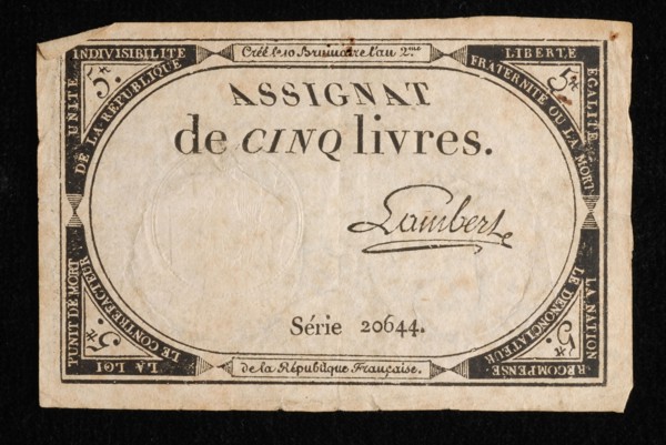 Assignaat of cinq livres, with decorative border in which text, assignaat paper money money swap paper, printed White note