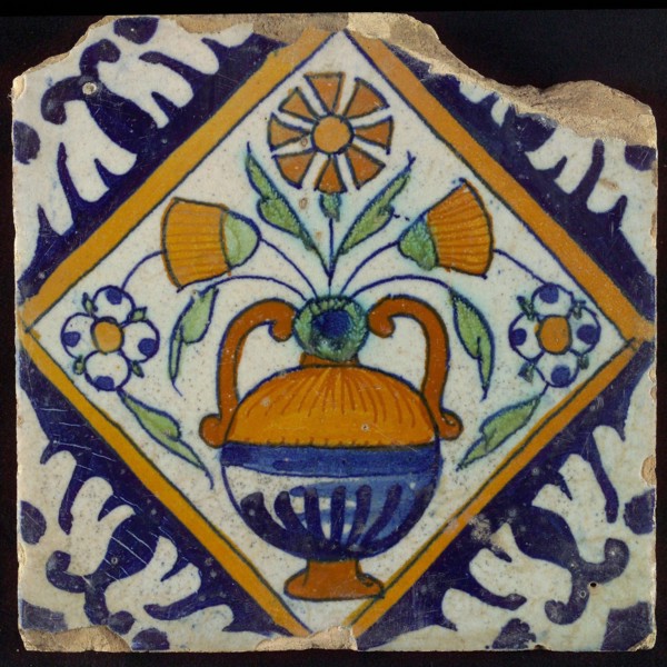 Tile, orange, brown, green and blue on white, flowerpot in square, corner pattern palm, wall tile tile sculpture ceramic