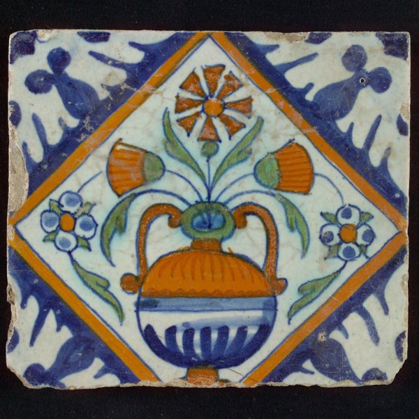 Tile, orange, brown, green and blue on white, flowerpot in square, corner pattern palm, wall tile tile sculpture ceramic