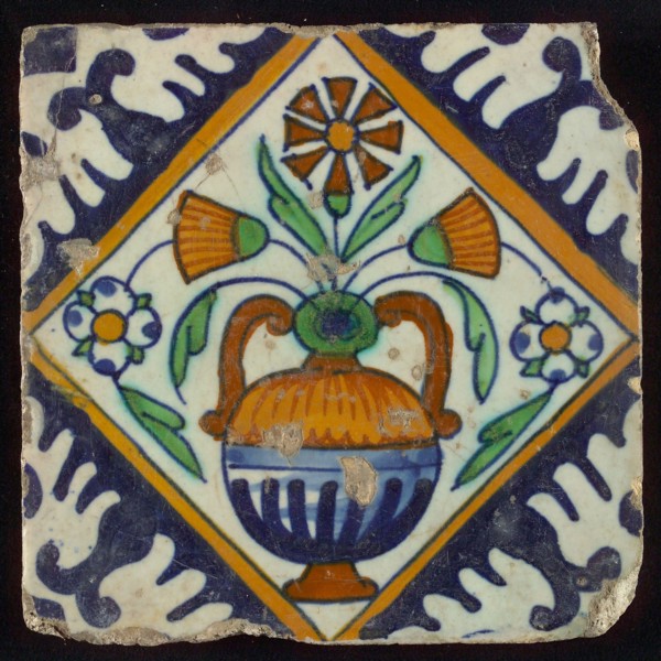 Tile, orange, brown, green and blue on white, flowerpot in square, corner pattern palm, wall tile tile sculpture ceramic