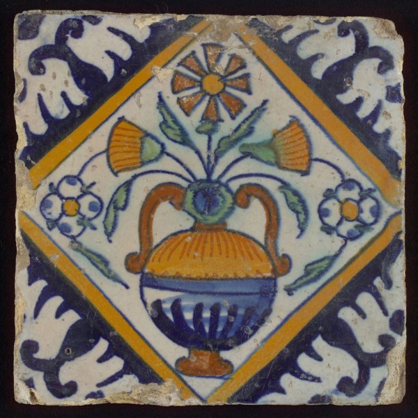 Tile, orange, brown, green, and blue on white, flowerpot in square, corner pattern palm, wall tile tile sculpture ceramic