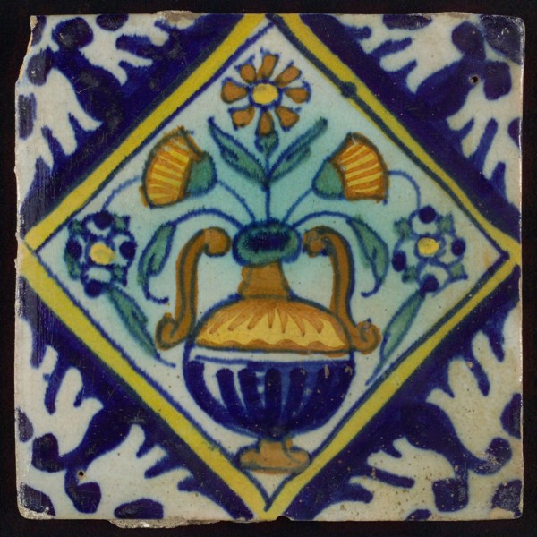 Tile, orange, brown, green, and blue on white, flowerpot in square, corner pattern palm, wall tile tile sculpture ceramic