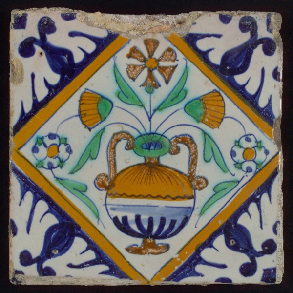 Tile, orange, brown, green, and blue on white, flowerpot in square, corner pattern palm, wall tile tile sculpture ceramic