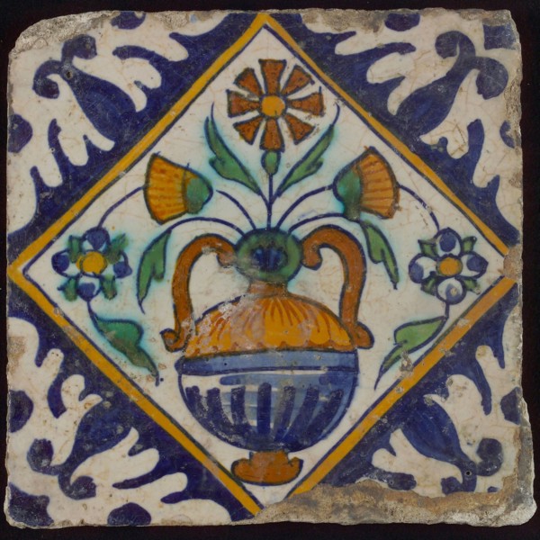 Tile, orange, brown, green, and blue on white, flowerpot in square, corner pattern palm, wall tile tile sculpture ceramic