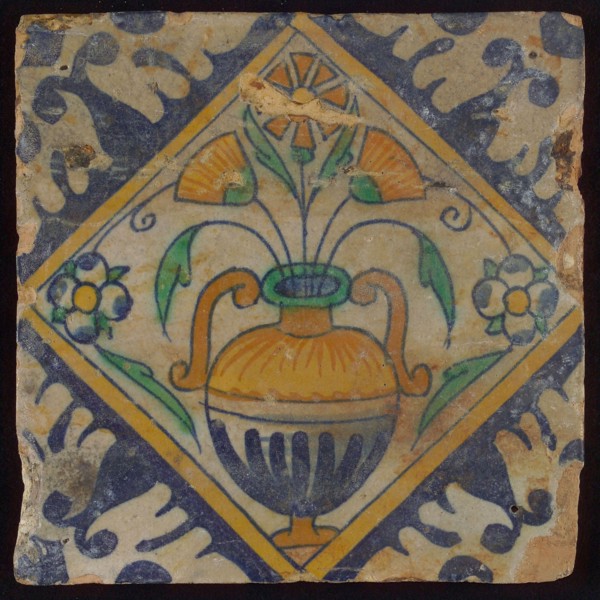 Tile, orange, brown, green, and blue on white, flowerpot in square, corner pattern palm, wall tile tile sculpture ceramic
