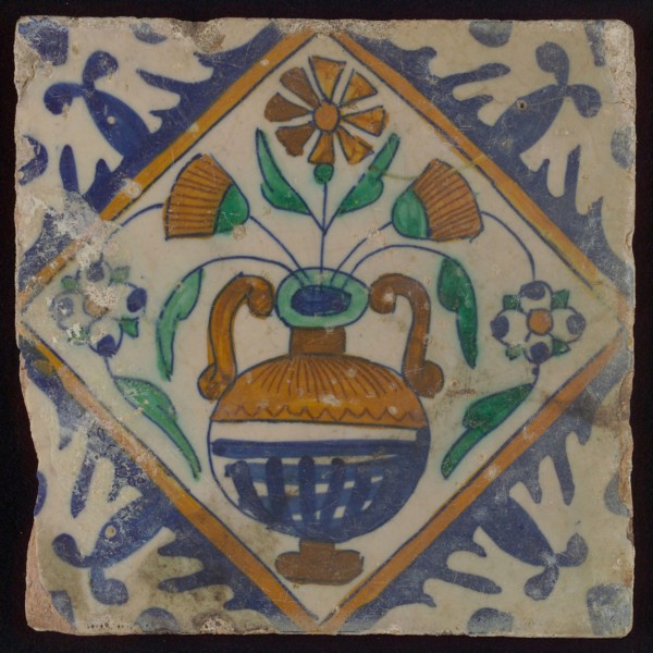 Tile, orange, brown, green, and blue on white, flowerpot in square, corner pattern palm, wall tile tile sculpture ceramic