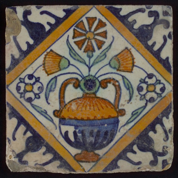 Tile, orange, brown, green, and blue on white, flowerpot in square, corner pattern palm, wall tile tile image ceramics