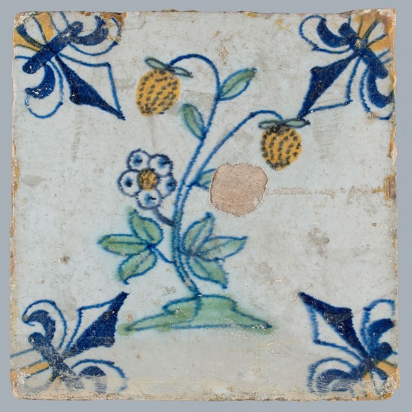 Tile, flower on ground in yellow, green and blue on white, corner pattern french lily, corner point yellow, wall tile