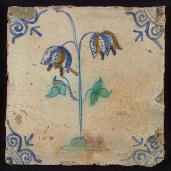 Tile, double flower on ground in orange, purple, green and blue on white, corner pattern ox head, wall tile tile sculpture