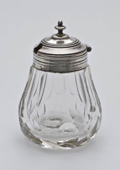 Silversmith: Baksteen & Middendorp, Glass transparent mustard pot with silver lid, mustard pot pottery holder glass lead glass