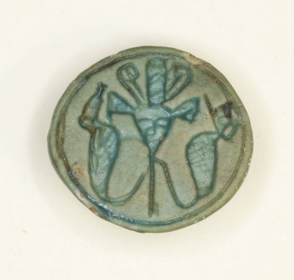 Cowroid: Head of Hathor Flanked by Uraeui, New Kingdom, Dynasty 18 (about 1550–1295 BC), Egyptian,