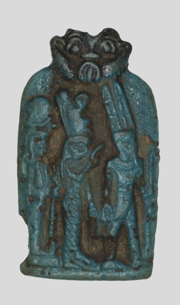 Amulet of the Theban Triad, Amun, Mut, and Khonsu, Late Period, Dynasty 26–31 (664–332 BC),