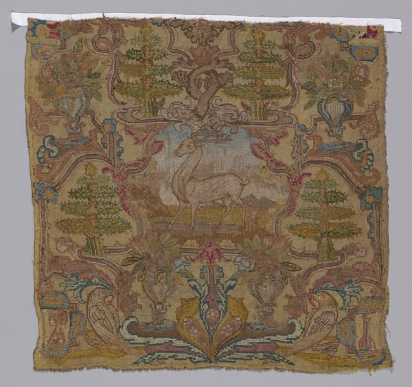 Chair Seat, 17th century, France, Hemp, plain weave, embroidered with silk in cross and tent