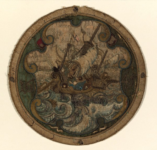 Fisherman’s Shield, 1645, Germany, Silk, satin weave, embroidered with silk, Diam. 24.8 cm (9 3/4