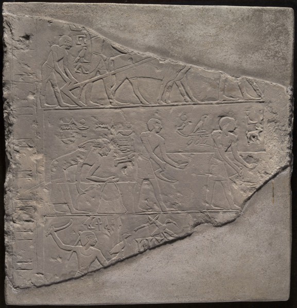 Fragment of a Stela Depicting Plowing, Harvesting, and Fowling, First Intermediate Period, Dynasty