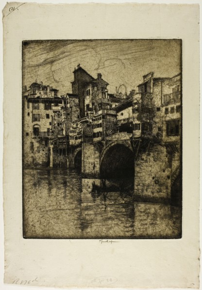 Ponte Vecchio, Florence, 1883, Joseph Pennell, American, 1857-1926, United States, Etching on cream