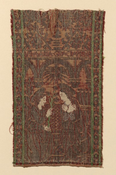 Fragment from an Orphrey, 15th century, Italy, Silk, linen, and gold gilt strip intergrated