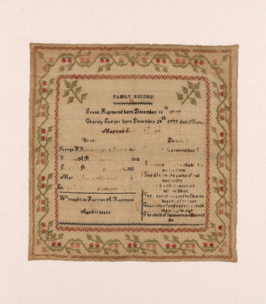 Sampler, c. 1819, Harriot Augusta Raymond (American, 1808-1887), United States, Massachusetts,
