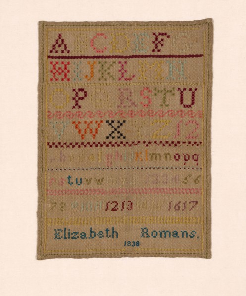 Sampler, 1838, Elizabeth (née Romans) Clarke (Canadian, 1830(?)-1899), Canada, possibly Ontario,
